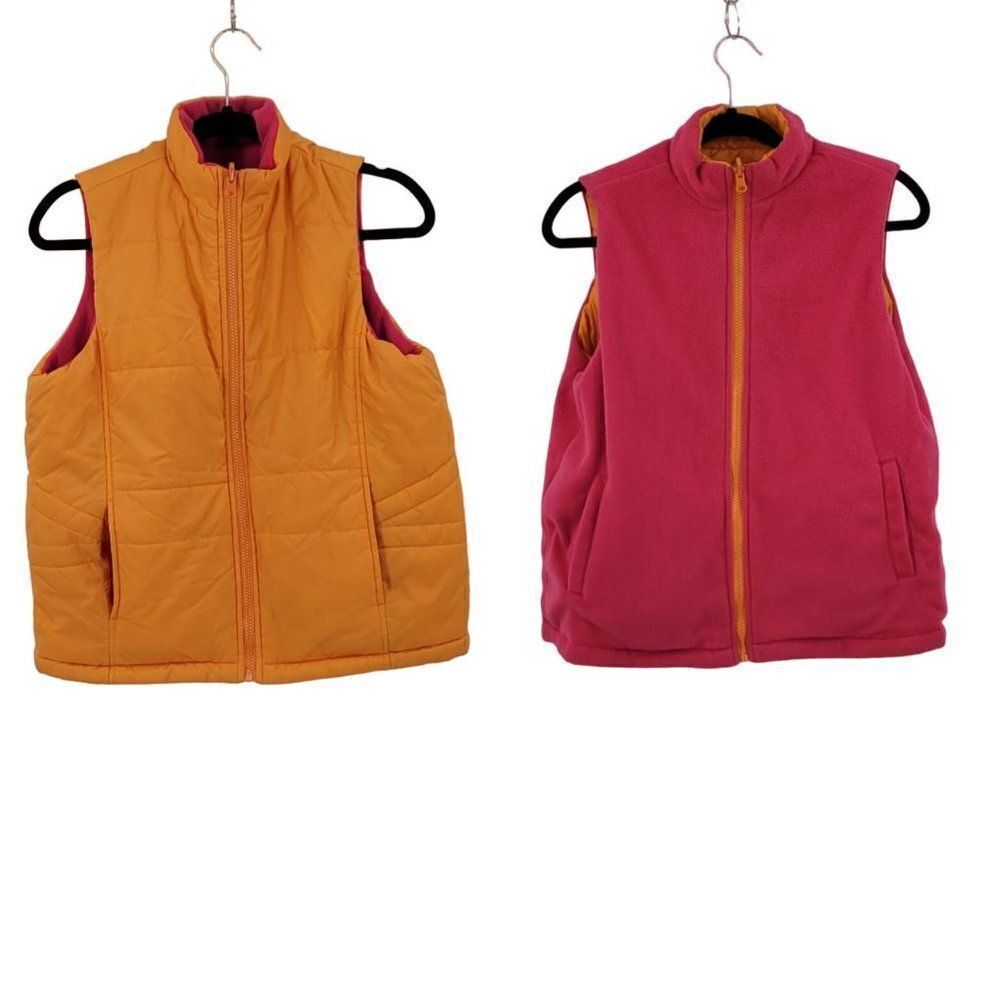 Studio Works Reversible Vest S Pink Fleece‎ Orange Quilted Puffer Zip Up Pockets